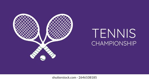 Minimal flat poster with white rackets and ball on green and purple background. Summer tennis design for championship banners, tournament ads and web graphics.