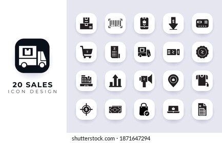 Paquete mínimo de iconos de ventas planas. En este paquete se incorpora con veinte íconos de ventas diferentes.