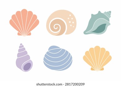 Minimal flat seashell icon set with six pastel shell designs. Modern ocean collection featuring scallop, conch, spiral and clam shells for beach, summer, travel, and marine themes.
