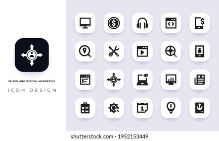 Minimal flat seo and digital marketing icon pack. In this pack incorporate with twenty different seo and digital marketing icon.