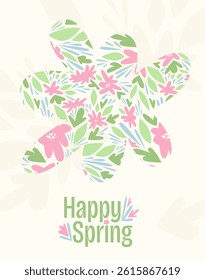 Minimal flat spring postcard with floral composition. Editable vector artwork for holiday greetings, promotions, and spring events.