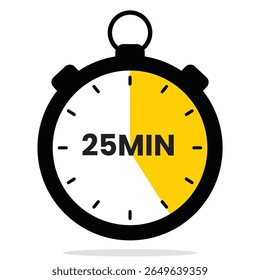 Vetor de cronômetro plano mínimo com contagem regressiva de 25 minutos. Ideal para cronômetros Pomodoro, sessões de estudo, aplicativos de produtividade e cronômetros culinários.