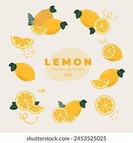 Un conjunto de íconos de Ilustración vectorial dibujados a mano de estilo plano minimalista de diseño de limón lindo. Entero, mitad, rebanada. Para póster, pegatina, Anuncio, obra de arte, redes sociales