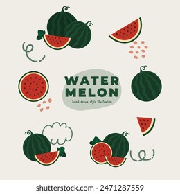 Ein minimaler flacher Stil Doodle Hand gezeichnete Vektorillustration-Ikone-Set von niedlichen Wassermelonen-Design. Ganz, halb, Scheibe. Für Poster, Aufkleber, Banner, Kunstwerk, Social Media