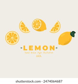 Un conjunto de íconos de Ilustración vectorial dibujados a mano de estilo plano minimalista de diseño de limón lindo. Entero, mitad, rebanada. Para póster, pegatina, Anuncio, obra de arte, redes sociales