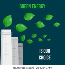 Minimal flat style Green Energy concept. Factory pipes with green leaves isolate. Vector illustration can used Sustainable lifestyle poster banner flyer cover template design. EPS 10