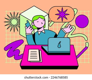 Minimal flat style illustration in cute pastel colors of a manager talking on the phone while sitting at desk with a laptop.