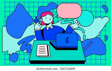 Minimal flat style illustration in cute pastel colors of a manager talking on the phone while sitting at desk with a laptop.