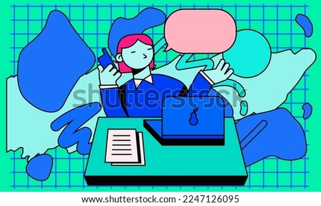Minimal flat style illustration in cute pastel colors of a manager talking on the phone while sitting at desk with a laptop.