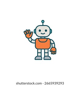 Minimale flache Darstellung eines freundlichen Roboters, der mit einer Hand in kräftigen, gleichmäßigen Strichen und einem sauberen, zentrierten Layout winkt