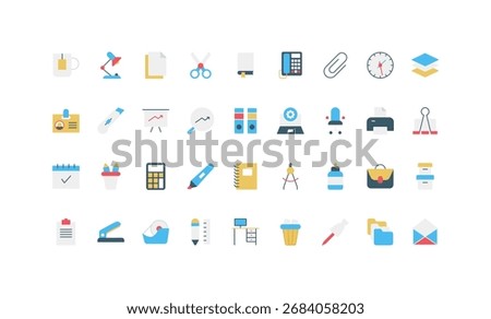 Minimal flat style stationery icons including office supplies, desk items, and organization tools for business, education, and productivity concepts isolated vector illustration