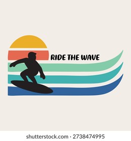minimal flat surf vector graphic. Surfer silhouette riding a wave with a stylized sunset and Ride the Wave text.