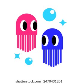 Minimal Flat Swimming Two Jellyfishes in Pink and Blue Illustration