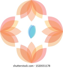 Minimal Flat Transparent Flower Petals Vector Illustration White Background Wallpaper Image. Bud layers of Cyan Blue Purple colours. Orange and Yellow surrounding Flower Petal Graphic Design