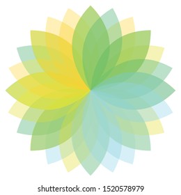 Minimal Flat Transparent Flower Petals Vector Digital Illustration White Black Background Wallpaper Backdrop Image. Petal Layers Of Yellow Green Cyan Colours. Repetitive Layers Graphic Design