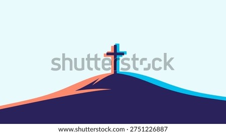 Minimal Flat Two Color Illustration of Hill with Cross in Vector Style