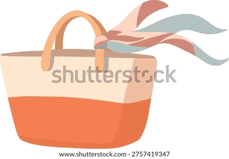 Minimal flat vector beach bag with decorative scarf, isolated design element in soft pastel tones. Perfect for summer, travel, lifestyle and branding projects.