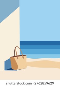 Minimal flat vector of a beach scene with a tote bag, sea horizon, and geometric shadows. Perfect for summer travel, lifestyle visuals, and modern editorial backgrounds.