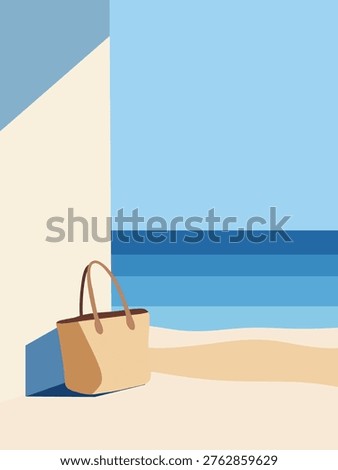 Minimal flat vector of a beach scene with a tote bag, sea horizon, and geometric shadows. Perfect for summer travel, lifestyle visuals, and modern editorial backgrounds.