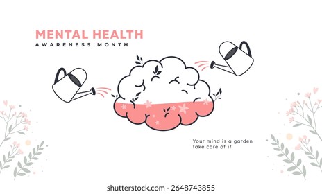 Minimal flat vector of brain as a garden being watered, symbolizing self-care and mental growth. Soft pink tones and floral elements for Mental Health Awareness Month campaign design. 