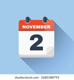 Icono de calendario de Vector plano mínimo que muestra la fecha 2 de noviembre claramente