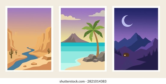 Minimal flat vector collection featuring desert canyon, tropical beach, and peaceful mountain night landscapes. Perfect for travel, seasonal themes, editorial design, websites, mobile apps, posters, and creative projects.