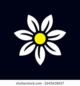 Minimal flat vector of a daisy style white flower with a yellow center on a black background. Clean and modern floral design, ideal for nature themes, decorations, logos, or botanical graphics.