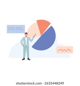 Minimal flat vector of a faceless marketer character presenting a pie or bar chart. Clean pastel color scheme, centered composition, animation-friendly.