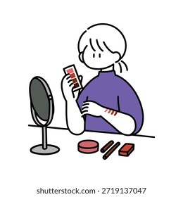Vector plano mínimo de una niña probando tonos de lápiz labial en su brazo al lado de un espejo. Perfecto para blogs de belleza, promociones cosméticas, tutoriales de maquillaje y contenido relacionado con el cuidado de la piel.
