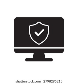 Minimal flat vector icon of computer security protection with shield and check mark symbol. Modern cybersecurity concept for antivirus software, endpoint protection, secure workstation, malware prevention, digital privacy and enterprise network security systems.