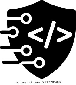 Minimales flaches Vektorsymbol eines Cyber-Sicherheitsschilds mit Codesymbolen, die sichere Programmierung, Softwareschutz, Datensicherheit und digitale Sicherheitstechnologie darstellen. Geeignet für Web-, App-, UI- und IT-bezogene Projekte.