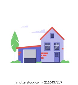 Minimal flat vector icon of house with garage. Isolated on white background