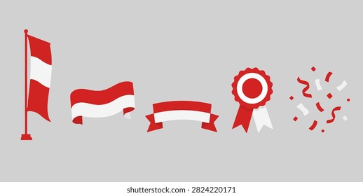 Minimal flat vector icon pack featuring Indonesian Independence Day celebration elements including Indonesian flag, ribbon, award badge, confetti and festive decorations for HUT RI designs.