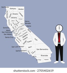 Una Ilustración vectorial plana mínima del mapa del estado de California con condados etiquetados, acompañada de un carácter comercial permanente, ideal para uso educativo o relacionado con viajes