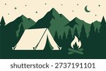 Minimal flat vector illustration of a camping scene with tent and campfire in a mountain forest at night. Perfect for outdoor, adventure, and nature-themed designs.