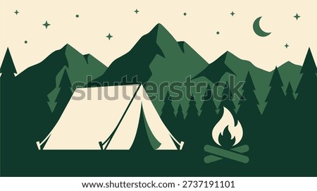 Minimal flat vector illustration of a camping scene with tent and campfire in a mountain forest at night. Perfect for outdoor, adventure, and nature-themed designs.