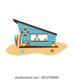 Minimal flat vector illustration of a colorful beach shop with surfboards, beach accessories, sandy shore, and seaside kiosk. Modern geometric design perfect for summer vacation, coastal tourism, beach resort, travel, and ocean lifestyle concepts