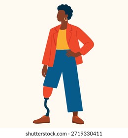 Minimal Flat Vector Illustration of a Confident Fashionable Person with a Prosthetic Leg, Disability Inclusion and Empowerment Stigma Concept on White Background
