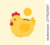 Minimal flat vector illustration of a cute chicken shaped piggy bank with Indonesian rupiah coin. Ideal for savings, finance, budgeting, banking, investment, children, and economy themes.