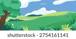 A minimal flat vector illustration of a fresh summer landscape with a green meadow and lush trees.