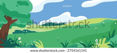 A minimal flat vector illustration of a fresh summer landscape with a green meadow and lush trees.