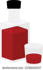 Mínima ilustração de vetor plano de um frasco de vidro preenchido com licor vermelho e um pequeno copo de bebida ao lado dele.