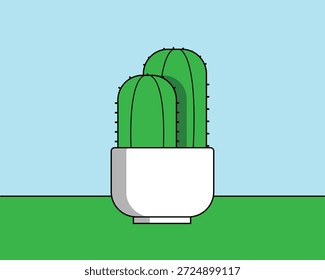 Ilustración vectorial plana mínima del cactus verde en la olla de cerámica blanca en el fondo azul pastel, diseño moderno del icono de la planta de casa para la decoración casera, UI, gráfico del App y del Web