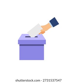 Minimal flat vector illustration of a hand inserting a ballot paper into a box, symbolizing election, voting rights, and civic engagement