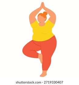 Minimale flache Vektorgrafik einer glücklichen Plus-Größe Frau üben Yoga, Körperpositivität Selbstversorgung und Selbstvertrauen Konzept Stigma auf weißem Hintergrund
