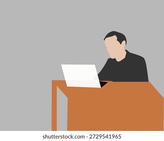Minimal flat vector illustration of a man working on a laptop at a desk. Represents remote work, freelance lifestyle, productivity, digital jobs, and modern professional workspace concepts.