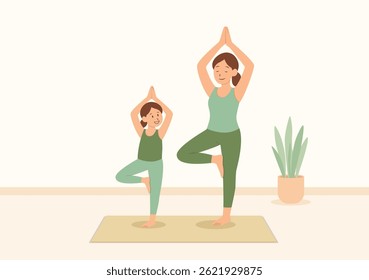 A minimal flat vector illustration of a mother and daughter practicing yoga together in tree pose on a mat. Soft pastel colors and clean lines for wellness and parenting themes.