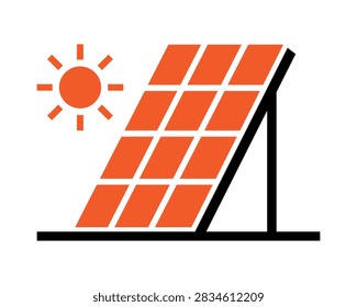 Minimal flat vector illustration of an orange solar panel and sun, representing photovoltaic electricity and clean renewable energy generation. Modern geometric icon suitable for solar technology, sustainability, green power, environmental projects, and energy infrastructure.