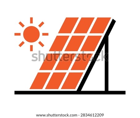 Minimal flat vector illustration of an orange solar panel and sun, representing photovoltaic electricity and clean renewable energy generation. Modern geometric icon suitable for solar technology, sustainability, green power, environmental projects, and energy infrastructure.