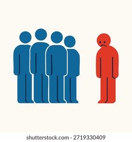 Ilustração de vetor plano mínimo de exclusão social e discriminação, figura vermelha isolada de um grupo azul, bullying corporativo e conceito de estigma
